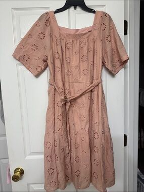 Square-Neck Eyelet Midi Dress with Tie Waist - Dusty Blush